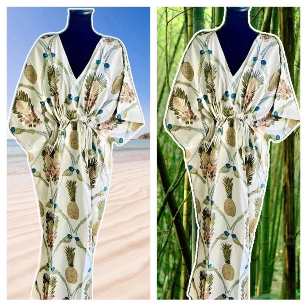 NEW Hand Block Printed Indian Cotton Kaftan Beach Coverup Nightgown Maxi Dress - Picture 7 of 10